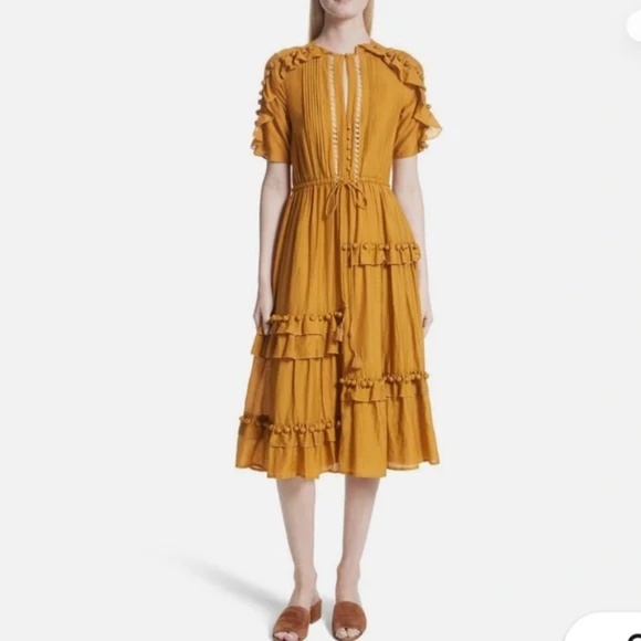 Sea NY mustard, yellow staircase, pom-pom midi dress (size S) 225 - Picture 9 of 12